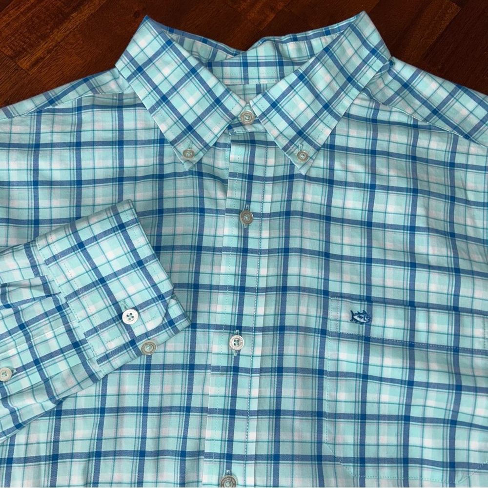 Southern‎ Tide Teal Skipjack Palermo Plaid Long Sleeve Button Down Sport Shirt